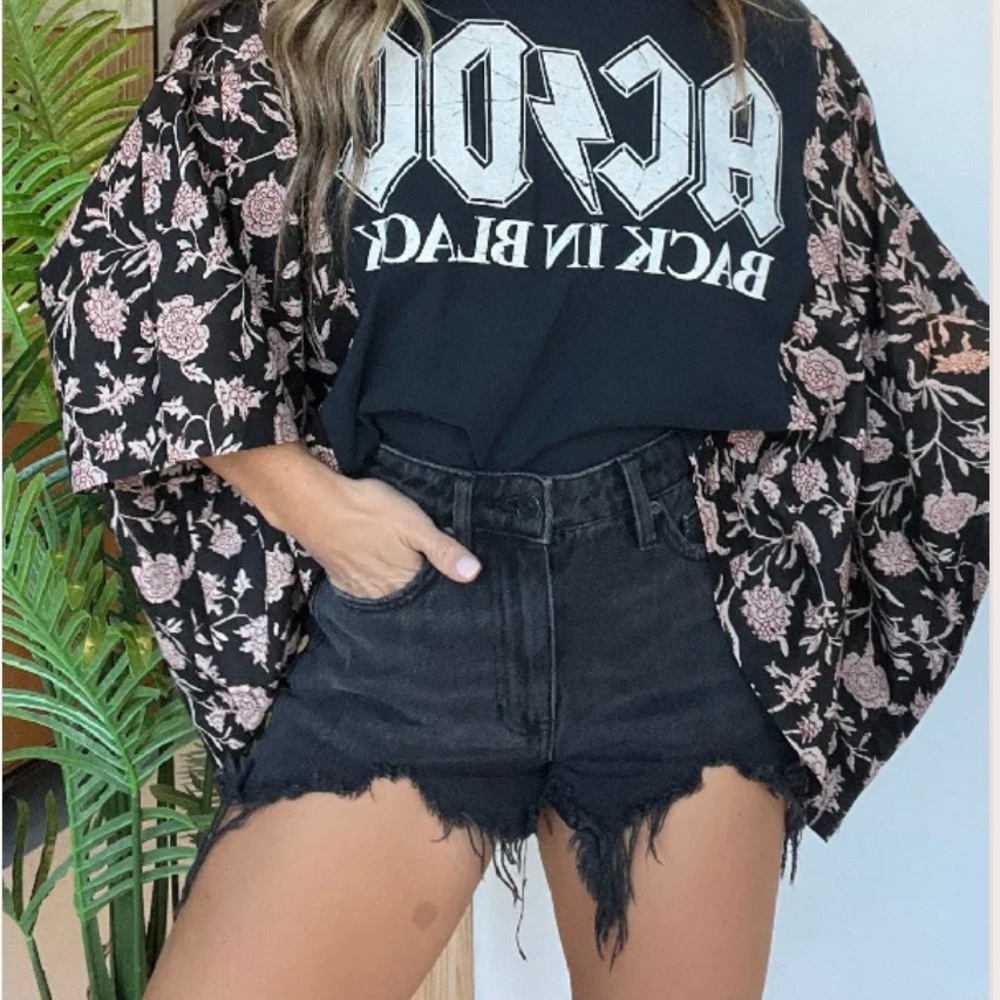 Floral Kimono and Black AC/DC Graphic Tee
